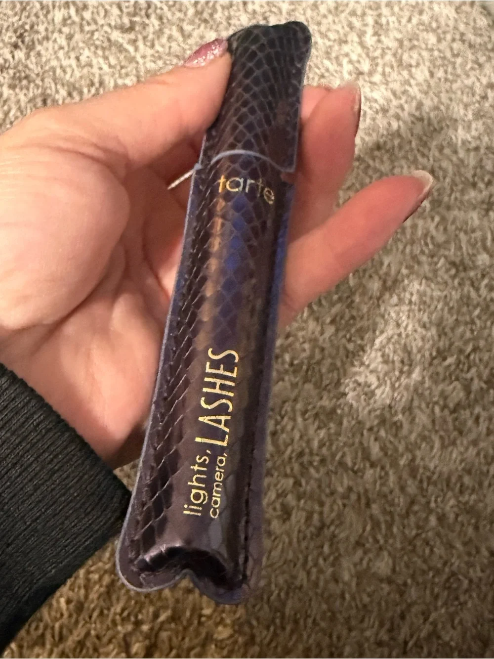 tarte like camera lashes in a  Deep Purple Mascara Sleeve with Gold Lettering